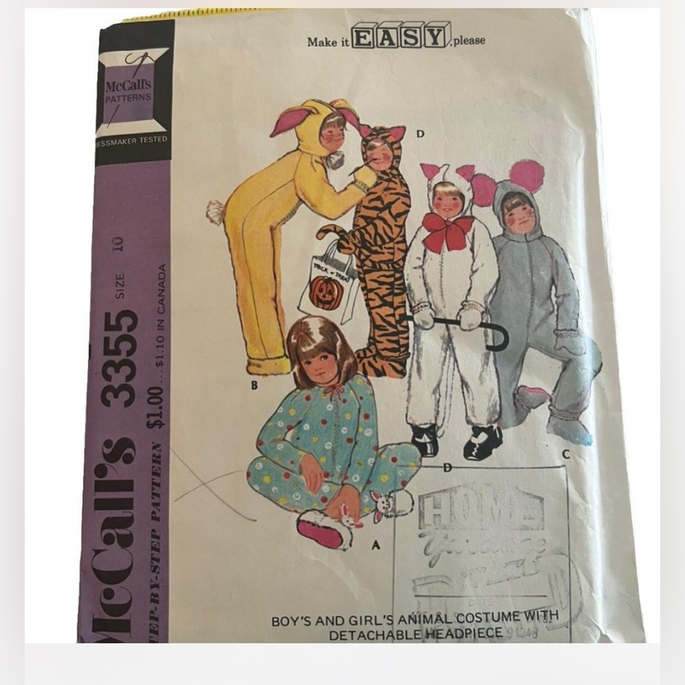 Vtg Kids Costume Sewing Patterns McCall's 3355 Cut Sz 10 Animal Bunny Cat Mouse